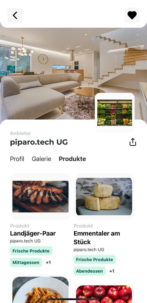 Anbieterprofil mit Titelbild, Logo und den Reitern Profil, Galerie und Produkte samt Produktkacheln.