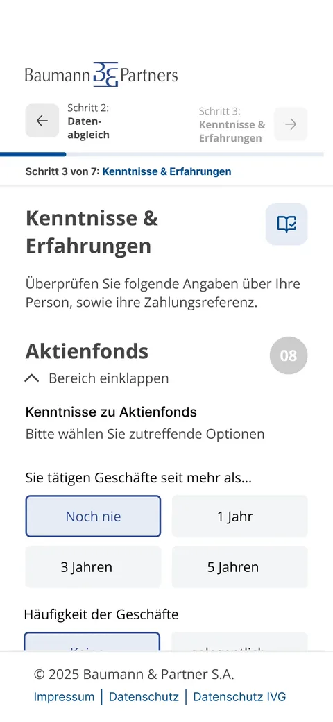 Expanded question block about equity funds with selection areas for experience duration and trading frequency.