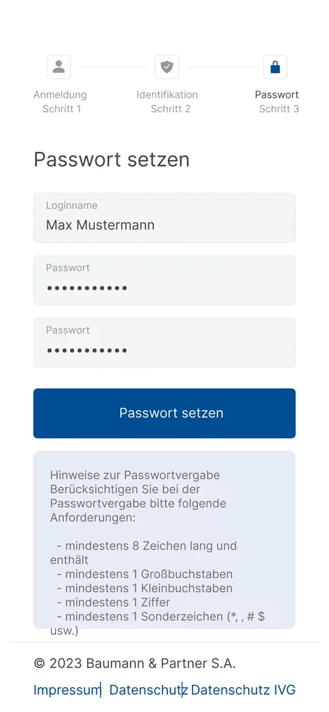Third step of initial registration with a progress indicator across registration, identification and password, two password fields, and the requirements for setting a password.