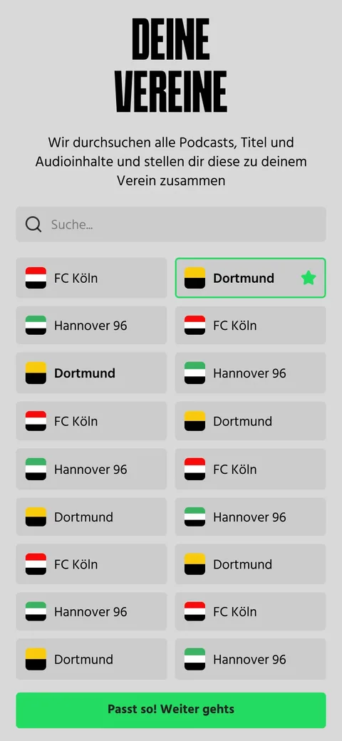 Onboarding Deine Vereine: Auswahlliste von Fussballvereinen mit Vereinsfarben, ein Verein ist markiert.
