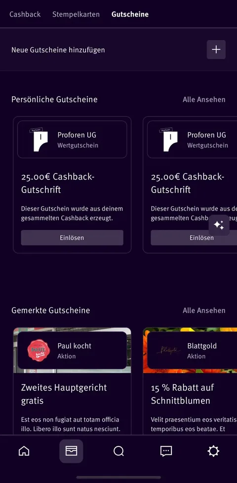 Wallet-Reiter Gutscheine mit persoenlichen Cashback-Gutschriften und gemerkten Aktionen lokaler Anbieter.