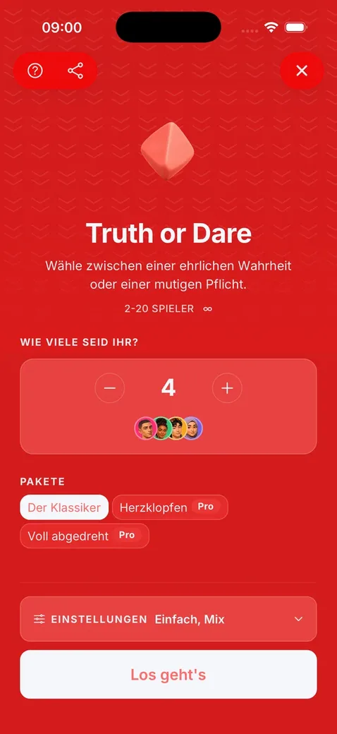 Start screen for Truth or Dare in piparo.party with group size, avatars and the selectable question packs.