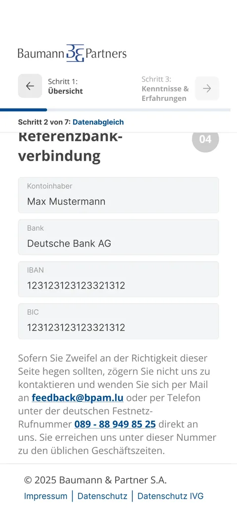 Reference bank details section with account holder, bank, IBAN and BIC, below it a note on how to verify the authenticity of the page.