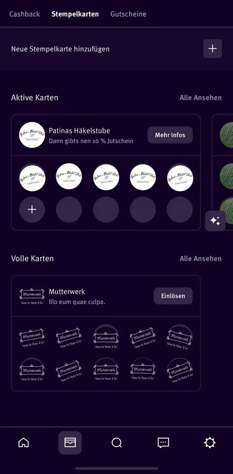 Wallet-Reiter Stempelkarten mit aktiven und vollen Karten lokaler Betriebe und ihren gesammelten Stempeln.