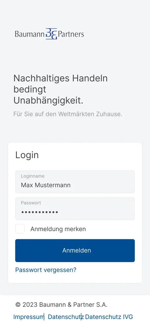 Login screen of the investor portal with the line Sustainable action requires independence, fields for login name and password, and the Log in button.