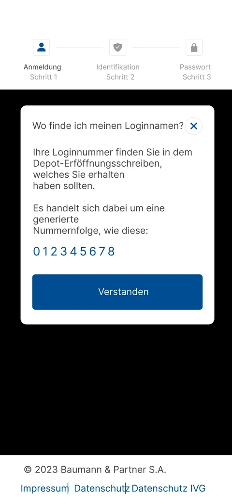 Eingeblendete Hilfe zur Frage, wo sich der Loginname findet, mit dem Hinweis auf das Depot-Eröffnungsschreiben und einer Beispiel-Nummernfolge.