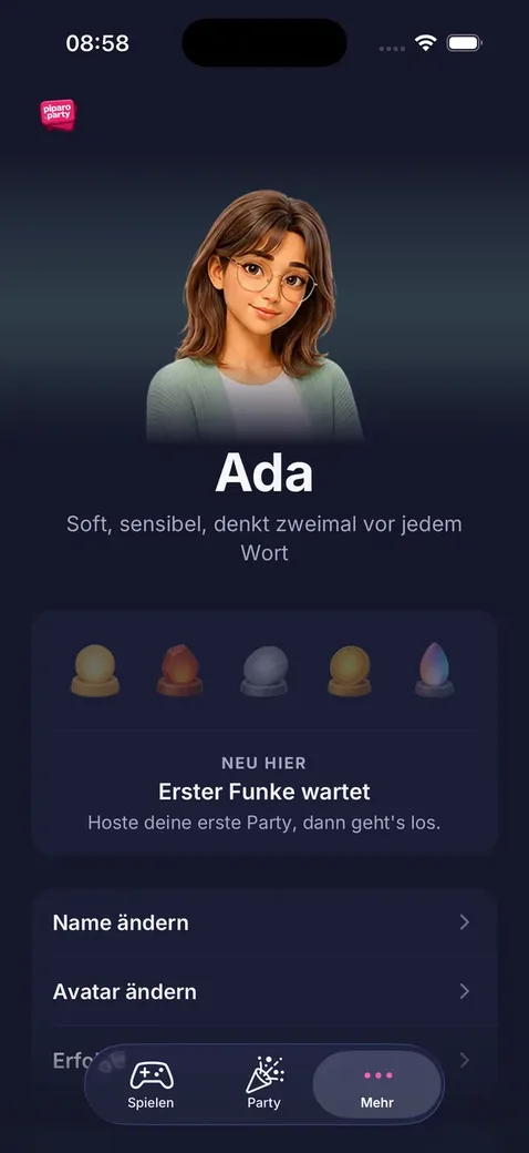 Profile in piparo.party with avatar, unlocked achievements and the settings for name and avatar.