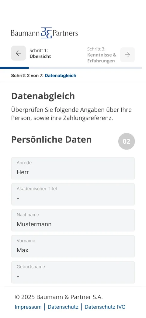 Step 2 of 7: data reconciliation of personal data with salutation, academic title, last name, first name and birth name.