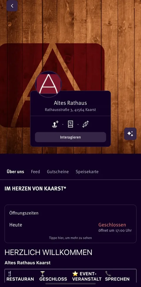 Anbieterseite Altes Rathaus mit Titelbild, Adresse, Oeffnungszeiten und den Reitern Ueber uns, Feed, Gutscheine und Speisekarte.