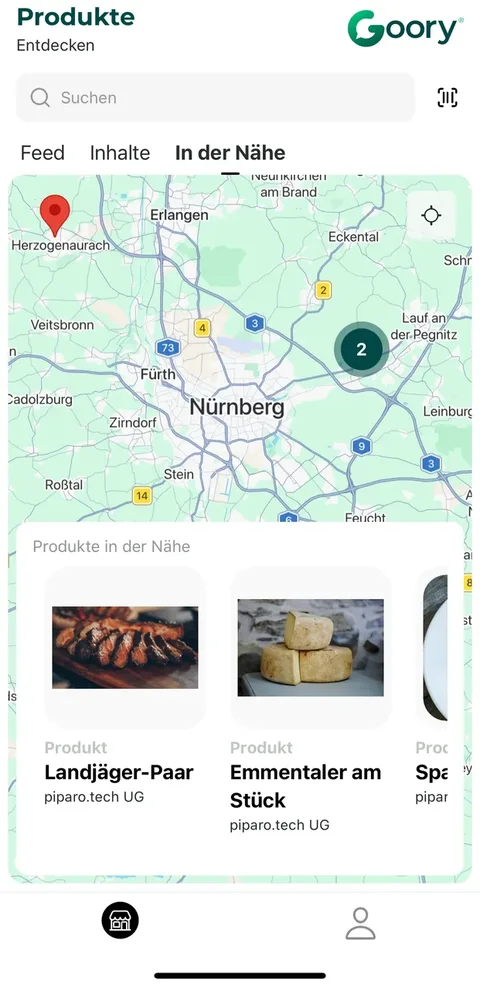 Kartenansicht In der Naehe rund um Nuernberg mit Anbieter-Markern und einer Leiste der Produkte in der Umgebung.