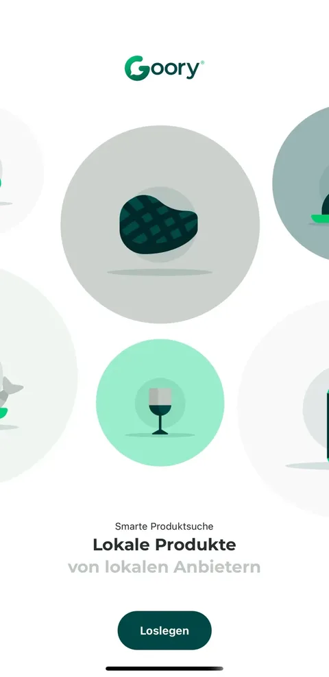 Onboarding-Bildschirm mit Goory-Logo, illustrierten Produktkreisen und dem Versprechen lokale Produkte von lokalen Anbietern.